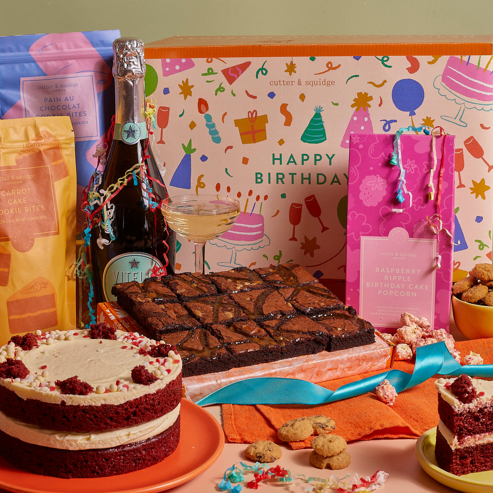 Cutter & Squidge Luxury Birthday Hamper with red velvet cake, brownies, popcorn and Prosecco