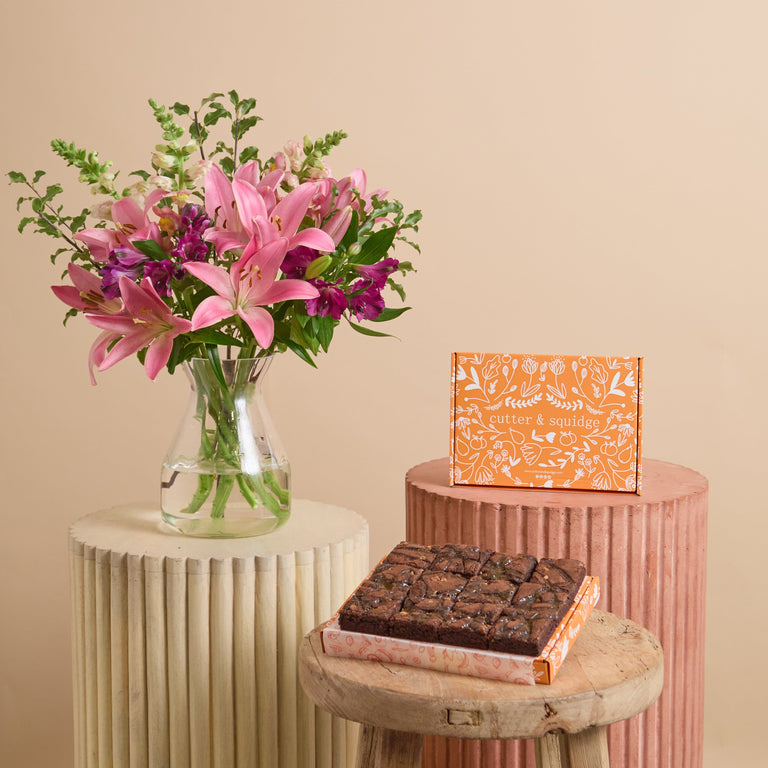 Fast Bundle Rhubarb Ribbons Flowers and Ultimate Fudge Brownies Gift Set