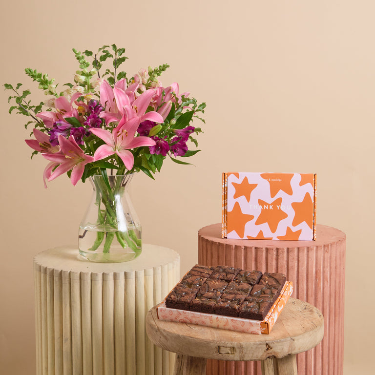 Fast Bundle Rhubarb Ribbons Flowers and Ultimate Fudge Brownies Gift Set