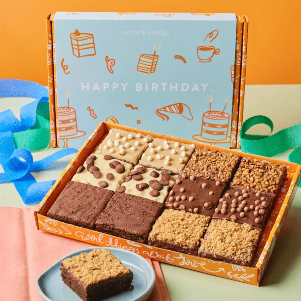 Cutter & Squidge Happy Birthday Mixed Mini Brownie Box, a letterbox gift that fits through the door