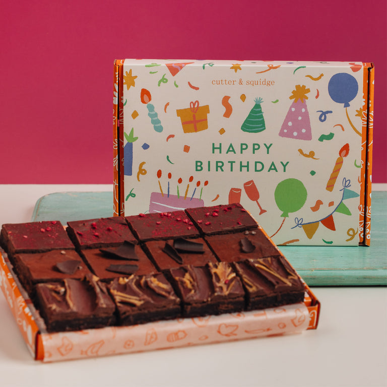 Cutter & Squidge 12 Pieces / Happy Birthday Gifting Sleeve Vegan Wheat-Free Mini Brownie Box
